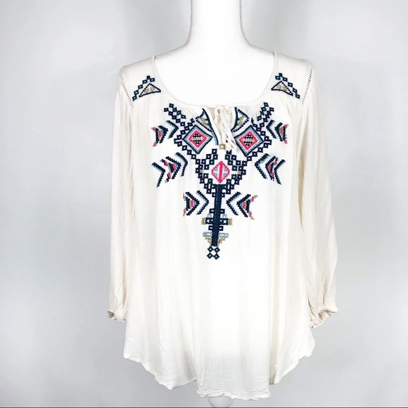 Ecote | Cream Embroidered Gauze Boho Peasant Top - Picture 4 of 8